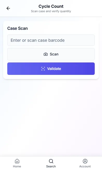 WareTrackr Mobile — cycle count, scan case and verify quantity