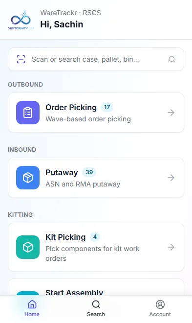 WareTrackr Mobile — permission-filtered task hub