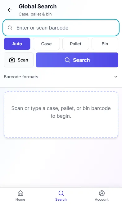 WareTrackr Mobile — global search across case, pallet and bin
