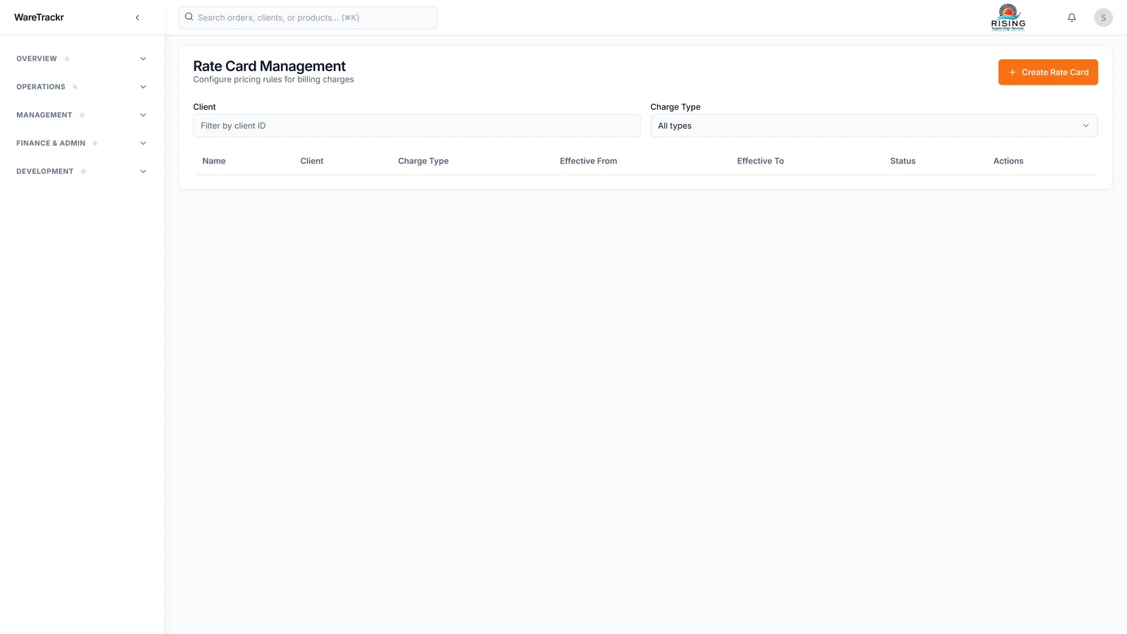 WareTrackr rate card management