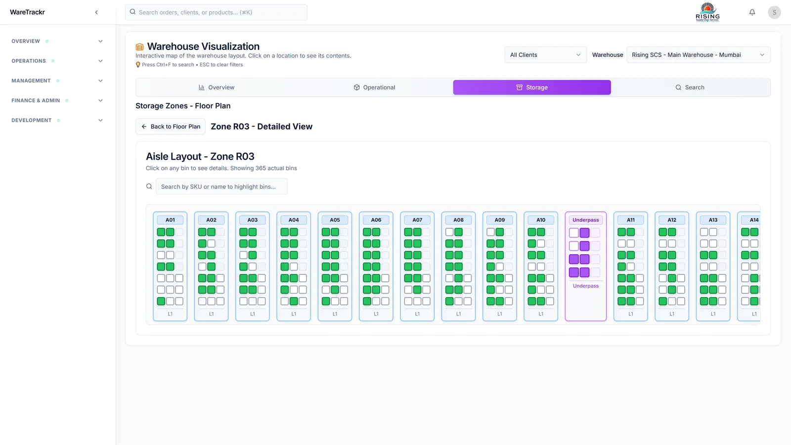 Warehouse map — the same live data clients see in their portal