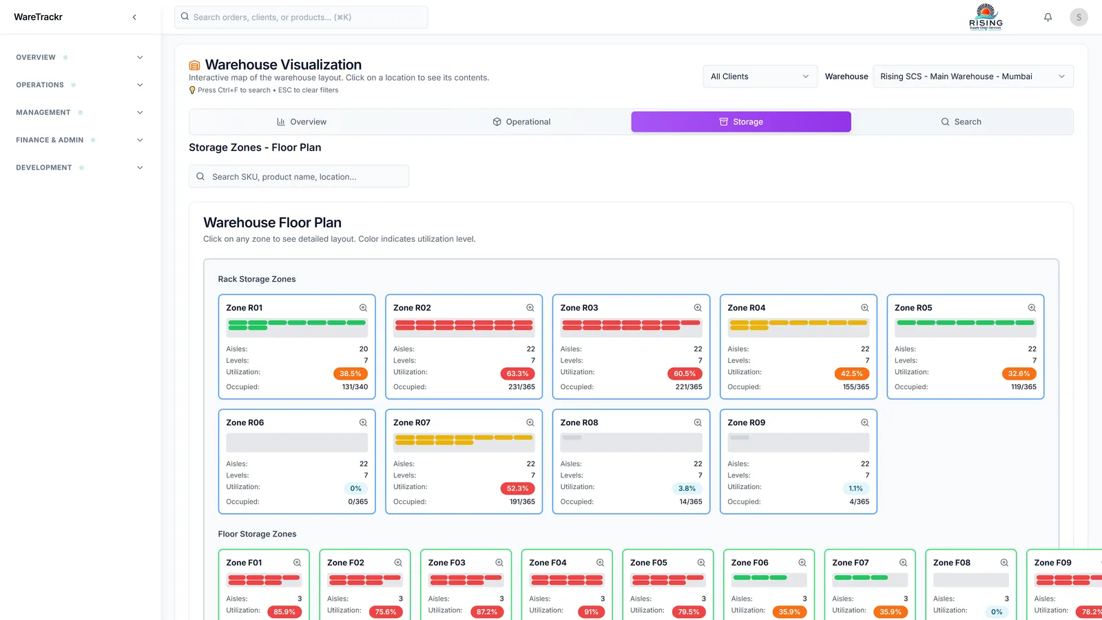 Warehouse map in the client portal — clients see storage and inventory scoped to their own account
